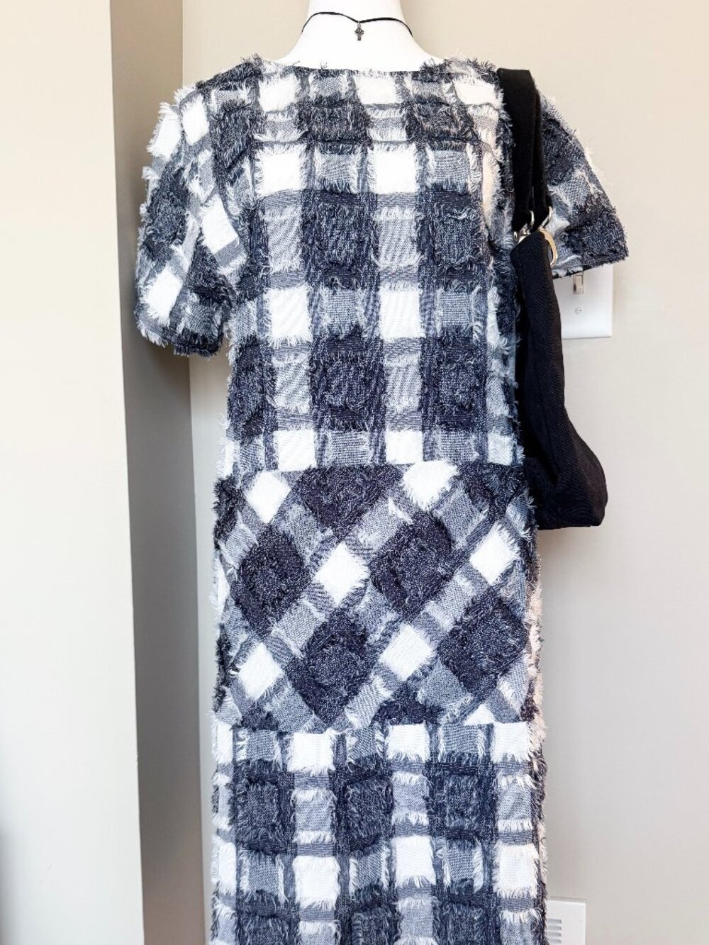 Cubism Fringe Grey Scale Checkered Dress With Pockets – Size Medium